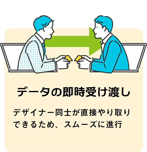 データの即時受け渡し:デザイナー同士が直接やり取りできるため、スムーズに進行